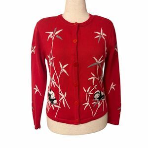 Vintage Patchington Panda Bamboo Embroidered Red Cardigan Sweater Women’s Small